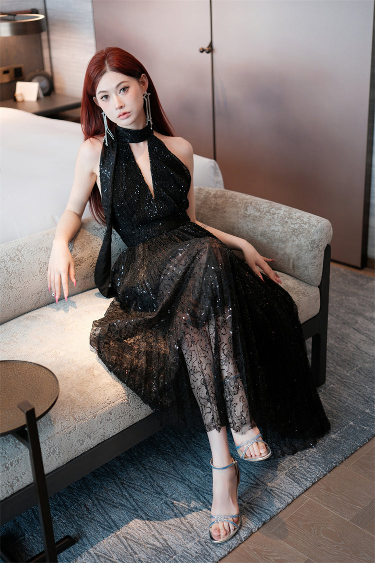 Wardrobes by Chen High End Black Halter Neck Sleeveless lbd Cocktail Dress-Blackie