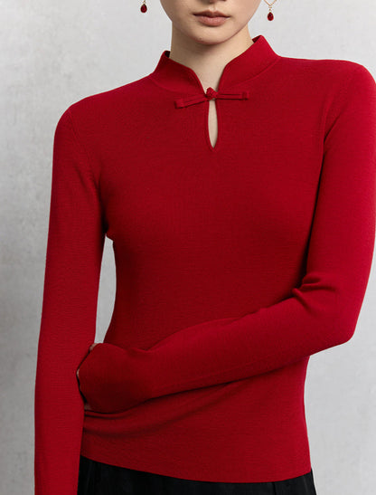 HECO Plain Worsted Wool Cheongsam Collar Buckle Knitwear - close.