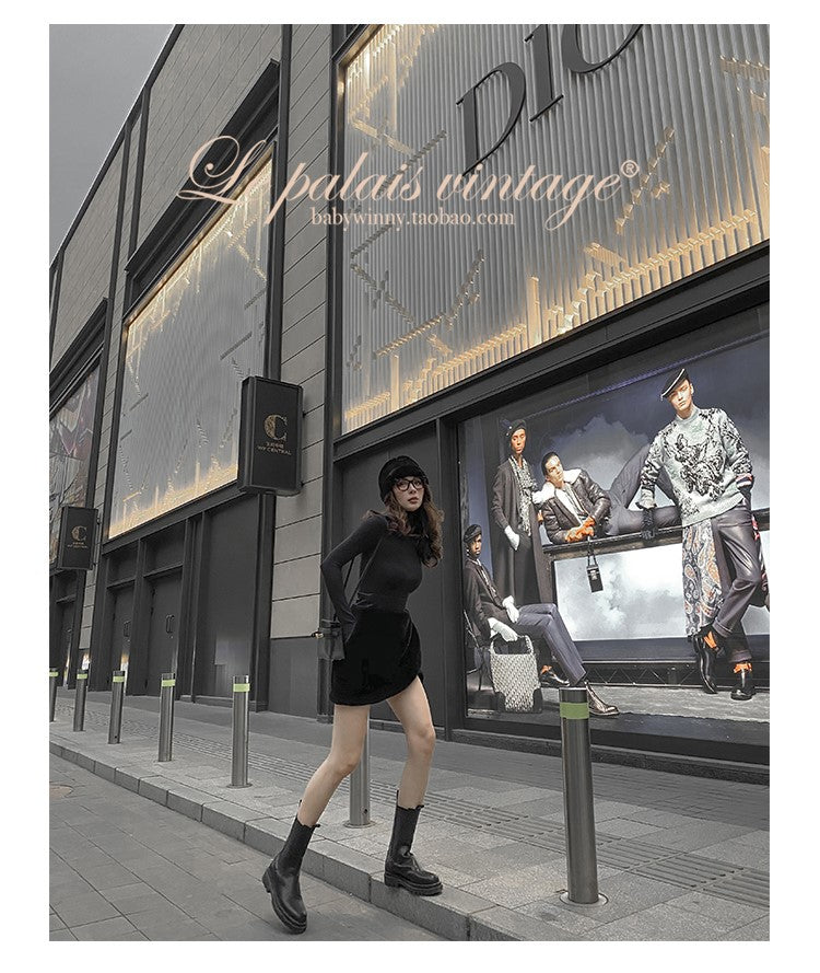 Le Palais Vintage Black Long Sleeves Short Faux Fur Coat and Dinner Skirt Suit-Selena.