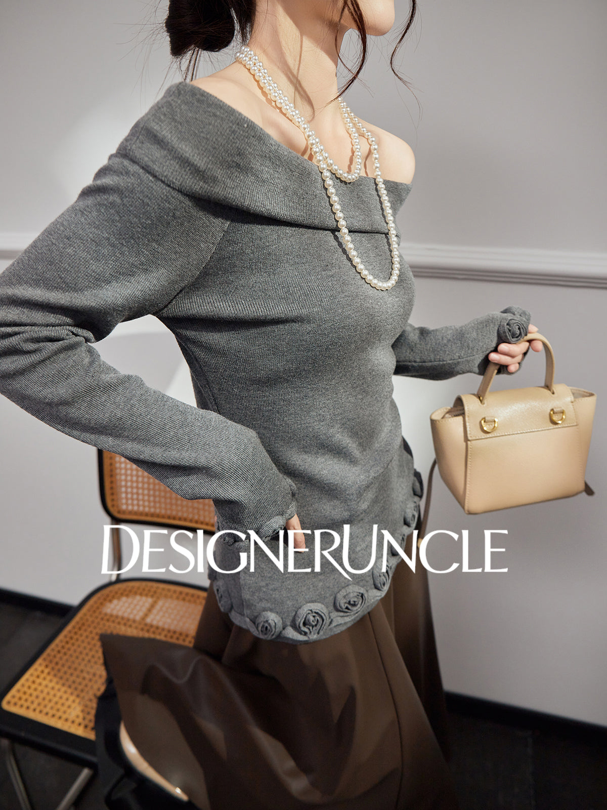 DGU|Gray Knitted Sweater Niche Long-Sleeved Top  - GLORY.