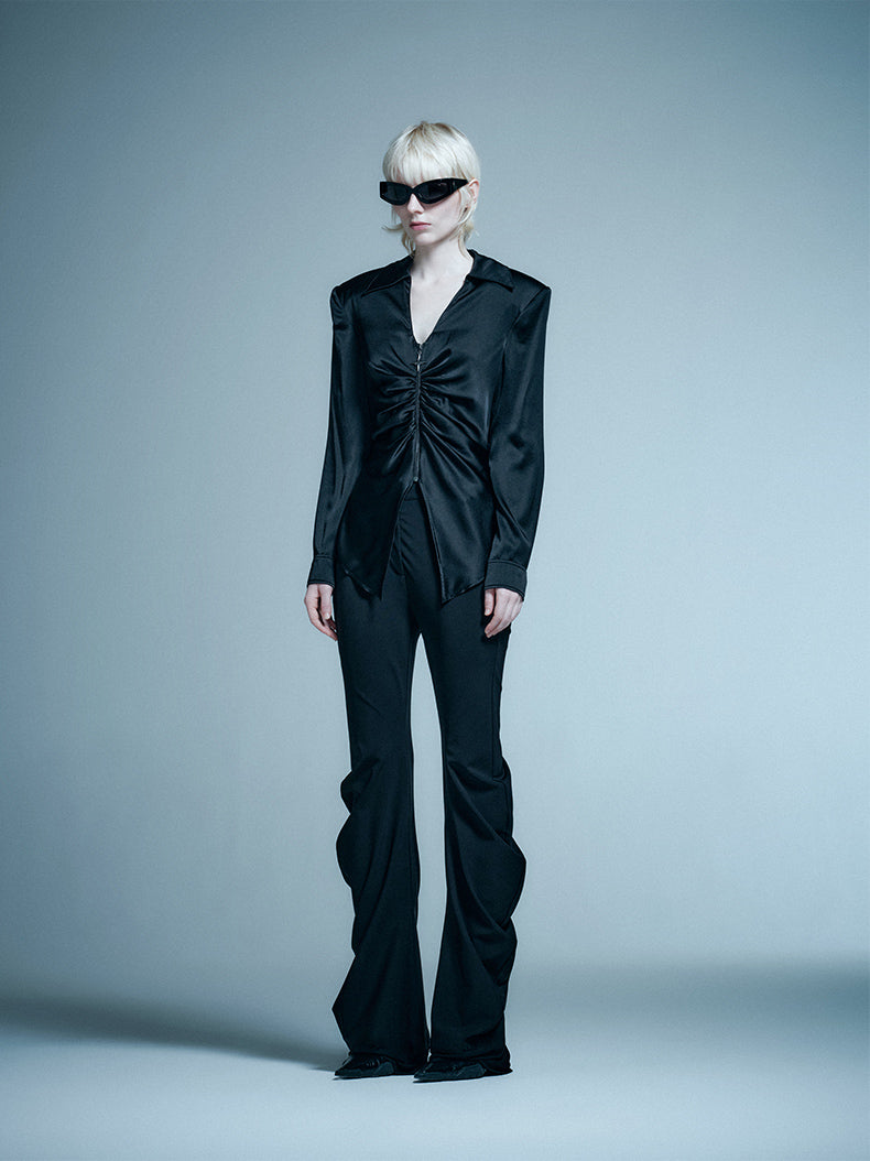 ANNAKIKI niche designer silk V-neck pleated shirt-WENWEN