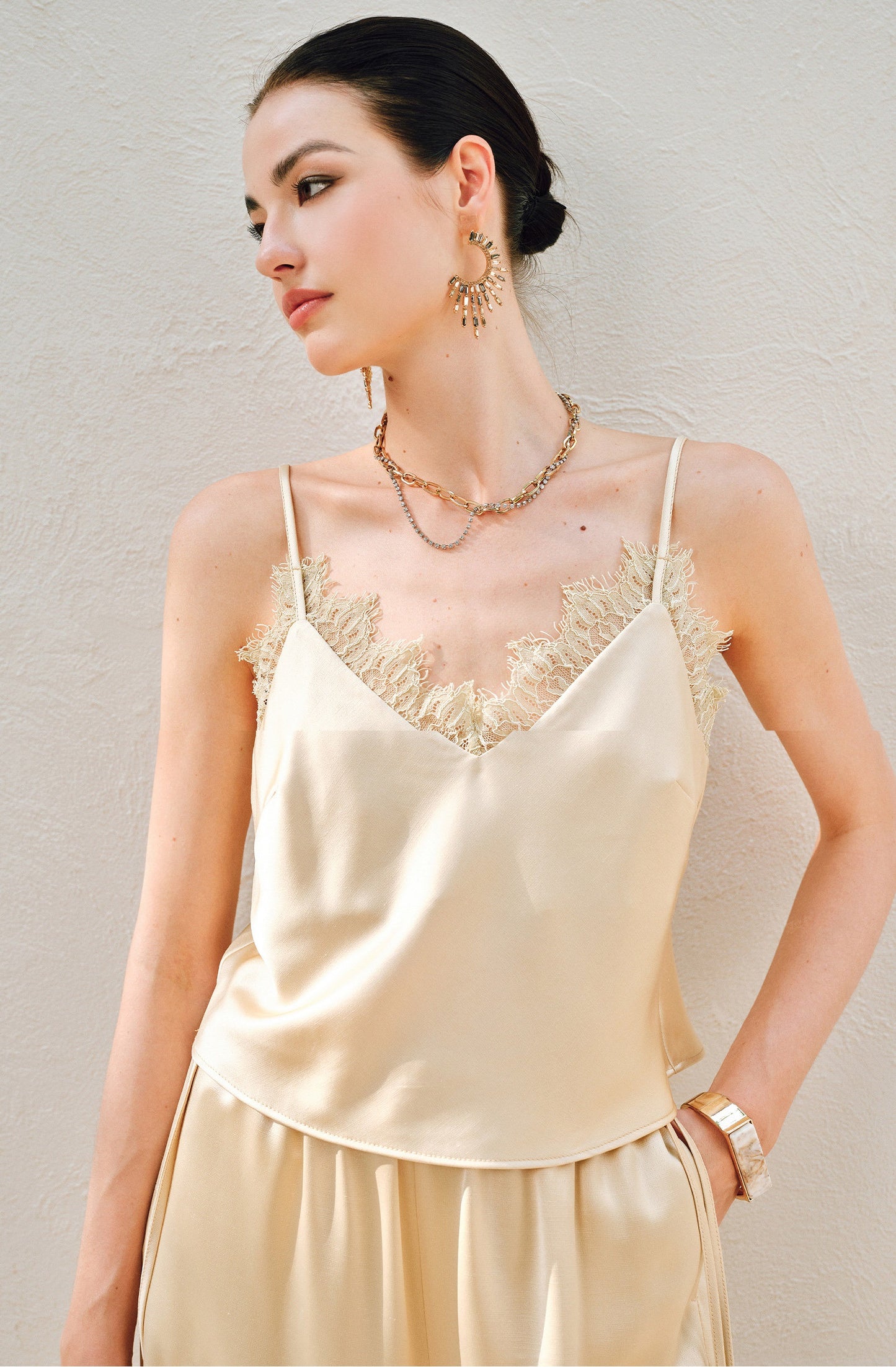 WANGXO | Hemp-Textured Acetate Satin  ight Luxury Lace Suspender, Shirt & Trousers Three-Piece Set- SARI