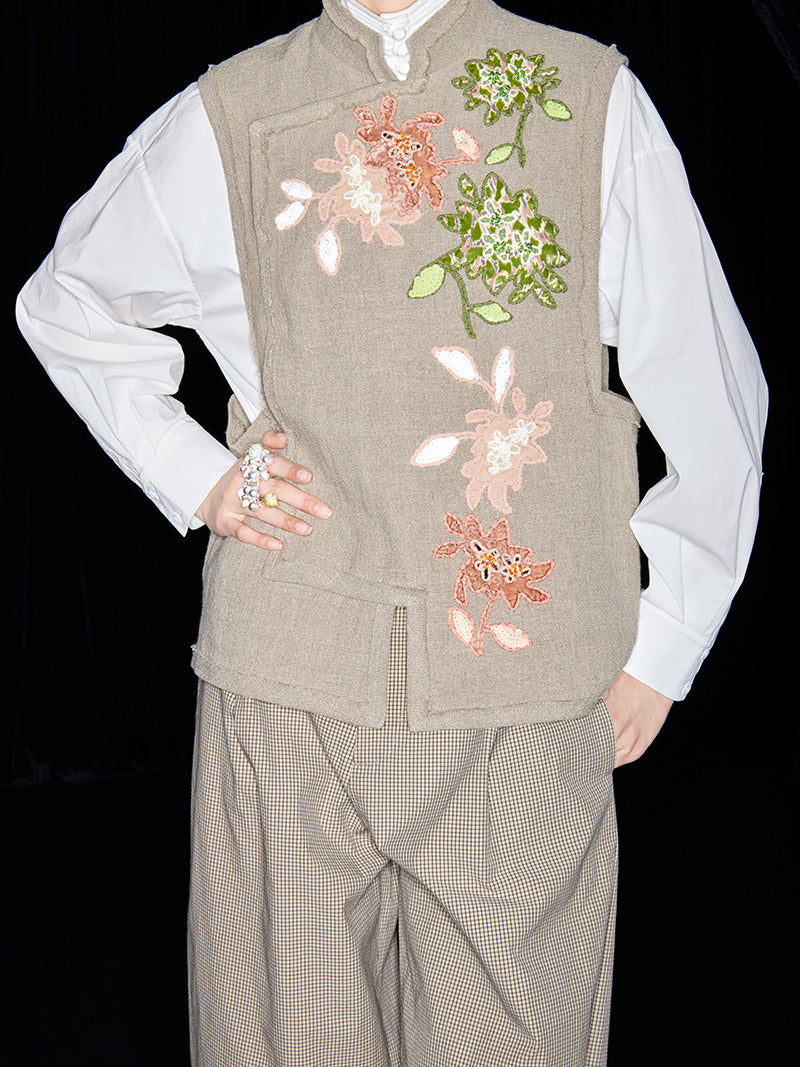 M essential Mackay Puli linen embroidered stand collar gilet vest pant set - Eight Treasures sedum