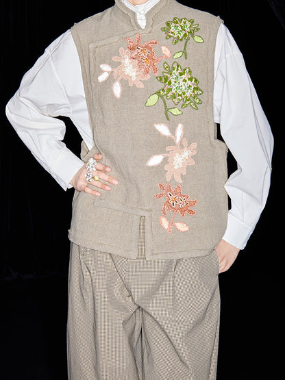 M essential Mackay Puli linen embroidered stand collar gilet vest pant set - Eight Treasures sedum