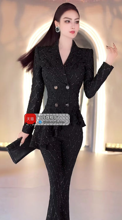 VJE Double-breasted Skirt Top Micro Flared Pants Two-Piece Set-MINO.