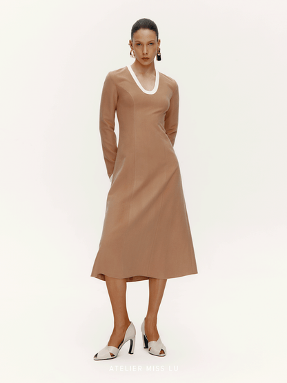 ATELIER MISS LU Old Money Sheep Wool Blend Long Sleeve Dress - RED.