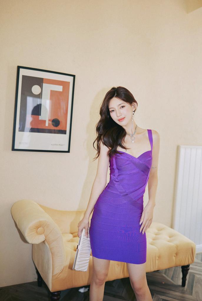 DOLLY Elegant V-Neck Sleeveless High Waist Knitted Midi Suspender Dress-PUNA