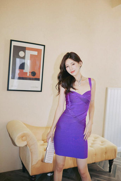 DOLLY Elegant V-Neck Sleeveless High Waist Knitted Midi Suspender Dress-PUNA