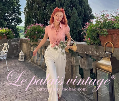 Le Palais Vintage  Gold Cotton Linen Pink Puff Sleeve Shirt + Shorts-ASA.