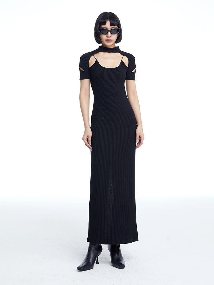 TINY IN fake two-piece deconstructed knitted back slit midi black dress -PUPIN