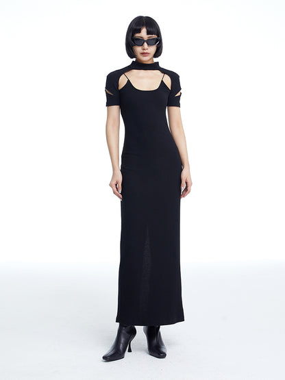 TINY IN fake two-piece deconstructed knitted back slit midi black dress -PUPIN