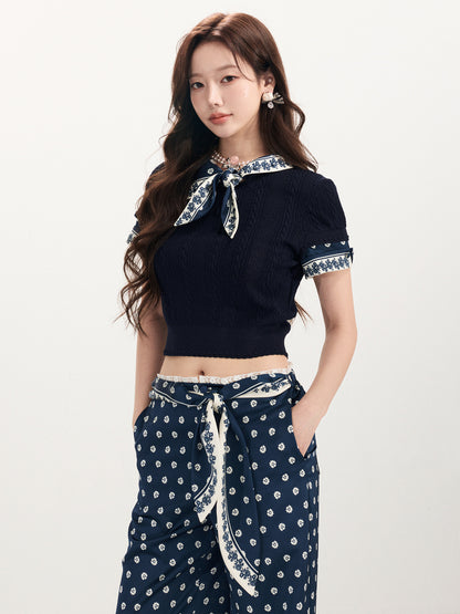 FAME beaded printed silk scarf knitted short-sleeved T-shirt