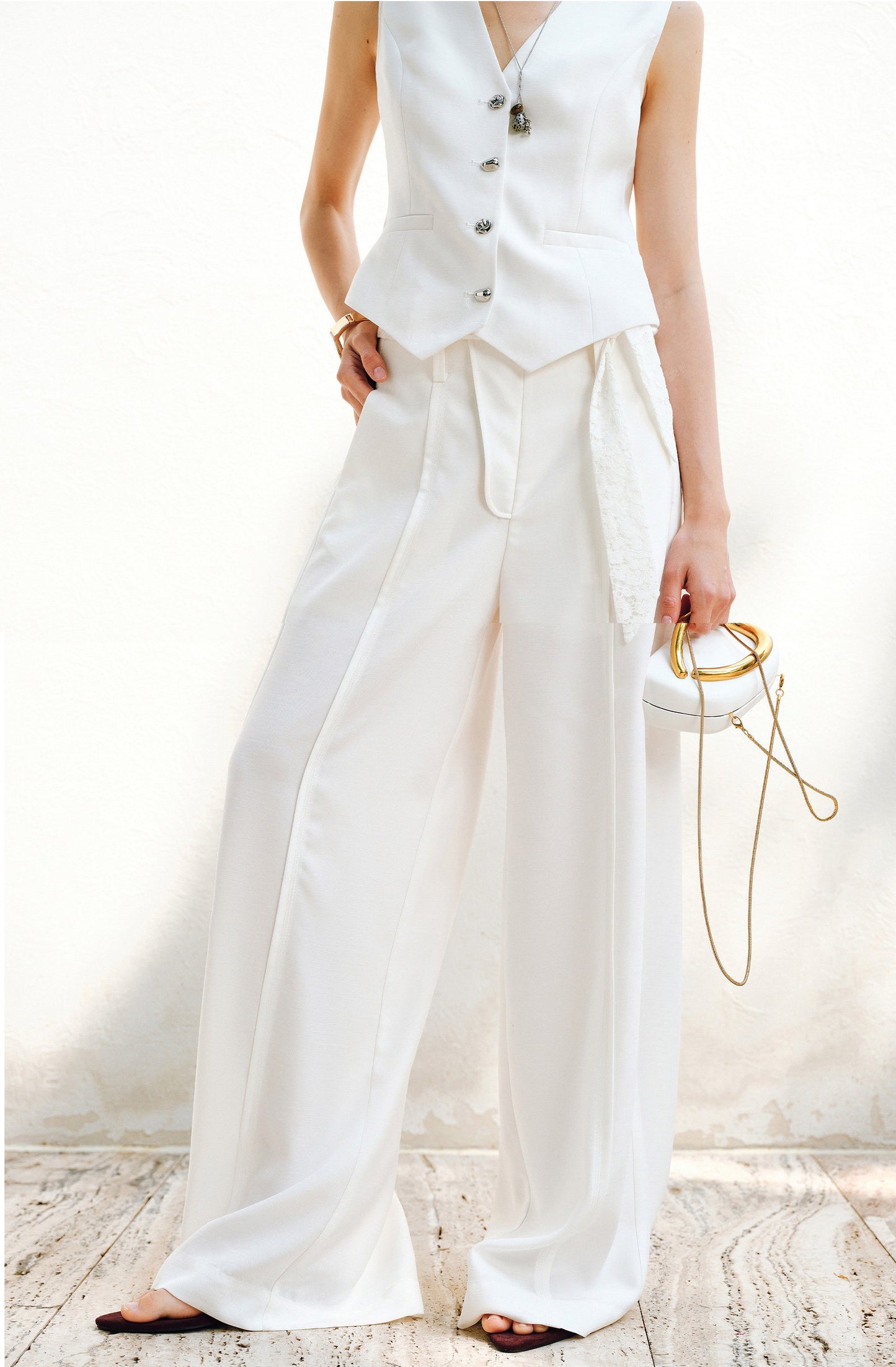 WANGXO |V-Neck Vest & Belted Straight Pants Intellectual Suit Set -NÉRA