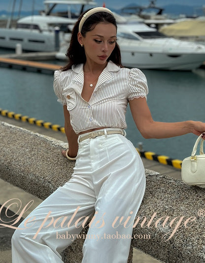 Le Palais Vintage  Sweet and Spicy Girly Short Puff Sleeve Shirt High Waist Pumpkin Shorts-QUINN