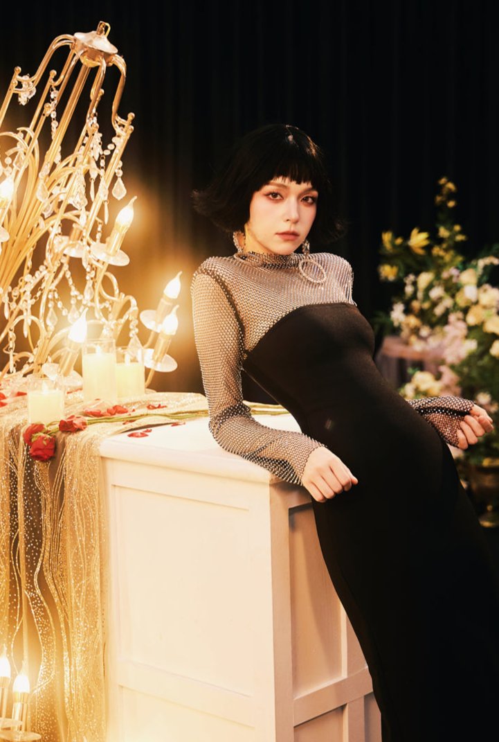 DOLLY Elegant Black Queen Style Turtle Neck Long Sleeve Slim Fit Long Dinner Dress-ELUALIA