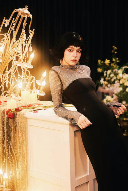 DOLLY Elegant Black Queen Style Turtle Neck Long Sleeve Slim Fit Long Dinner Dress-ELUALIA