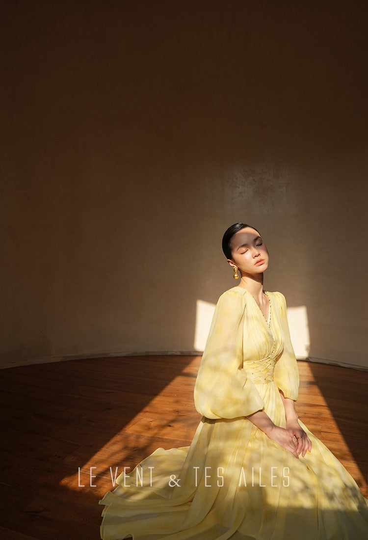 LE VENT&TES AILES 100% Silk French Haute Smudge V-Neck midi yellow Dress - FAYE