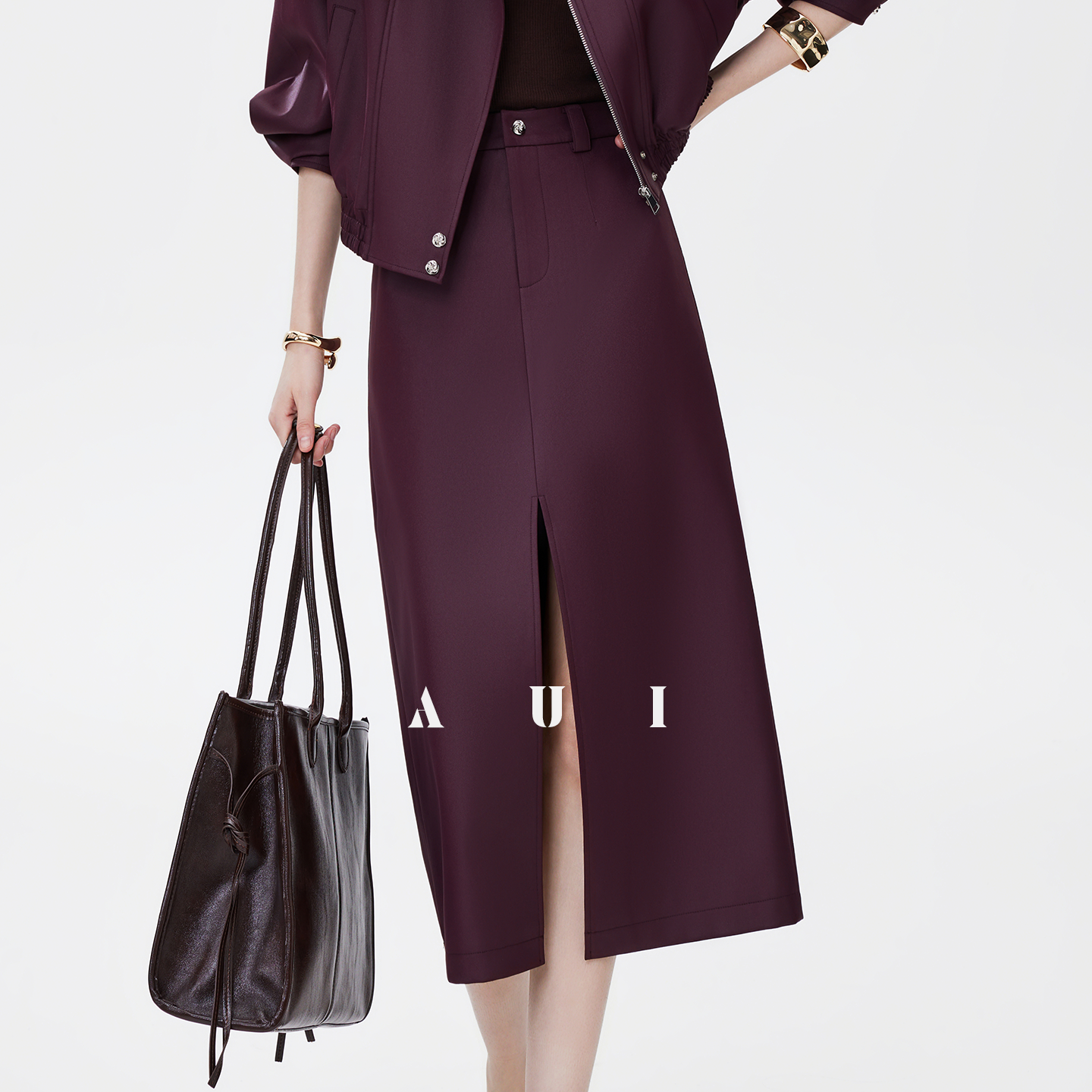 AUI Quiet Luxury Style Stand Collar Jacket Slit A-Line Skirt Two-Piece Set -  Eun Ae!