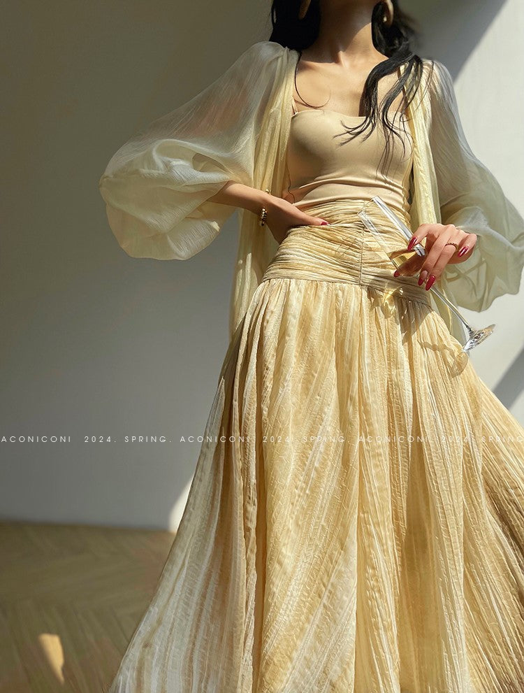 Aconiconi Elegant Wave Pattern Long Sleeve Loose Wedding Guest Dress- Dune