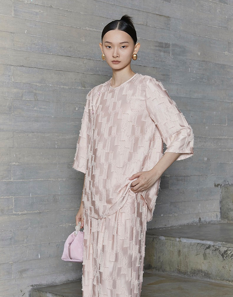 HECO Round Neck Square Tassel Design Texture Shirt Top Women - reign.