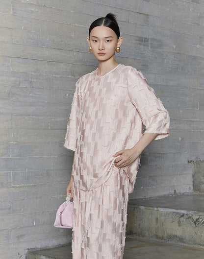 HECO Round Neck Square Tassel Design Texture Shirt Top Women - reign.