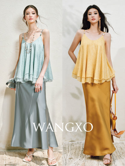 WANGXO | Silky Smooth Double-Sided Satin Top Glass Beaded Umbrella Hem Suspender Skirt Set -ELVA
