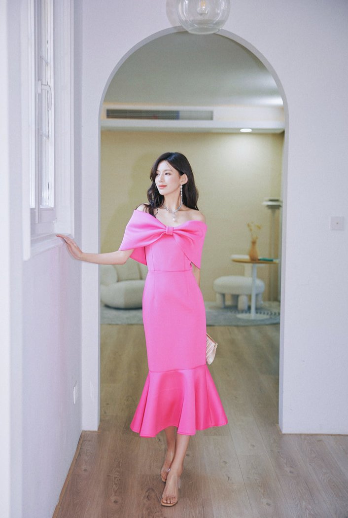DOLLY Elegant Pink Big Bow Tube Top Off Shoulder Ruffled Fish Tail Dress-ZAYNAB