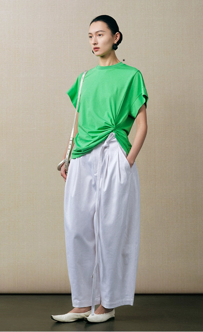 ZHUCHONGYUN wide-shouldered pleated waist slim crewneck top-CAMEL.