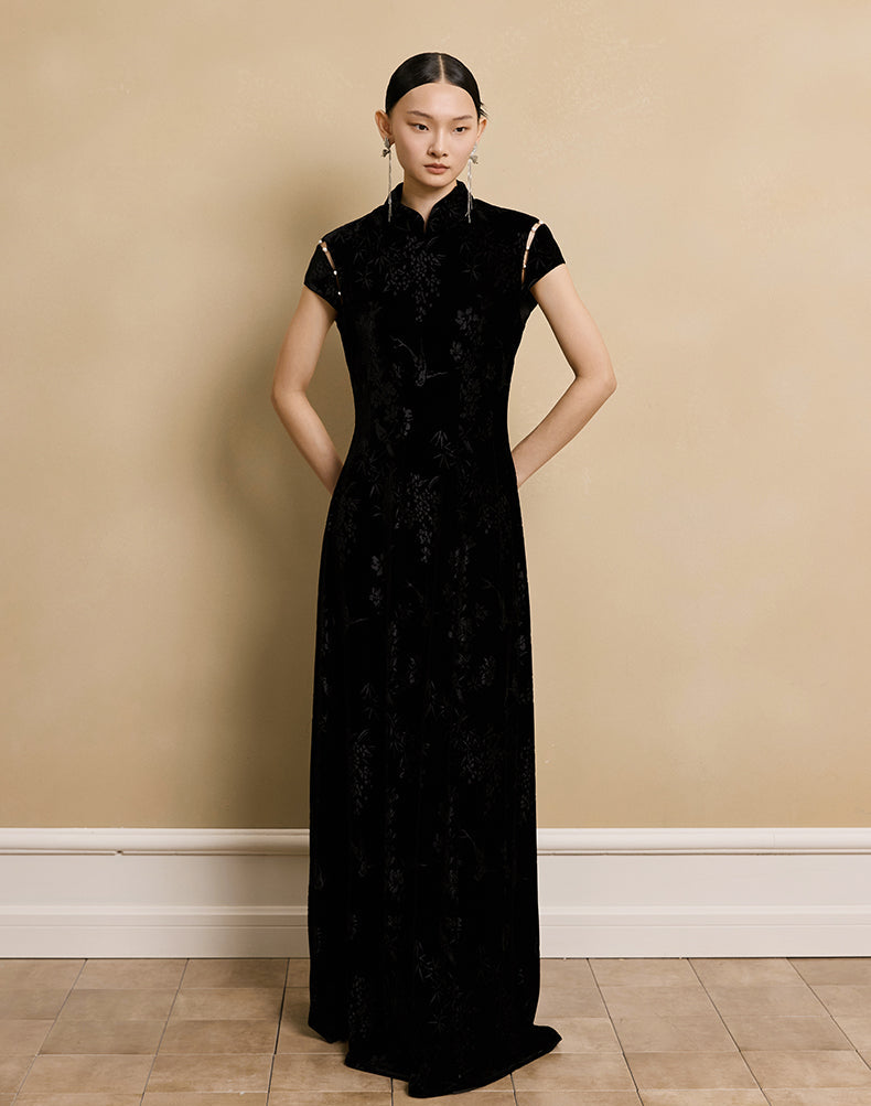 HECO Velvet Embossed Red Black Long Dress Women's- EXPECT.