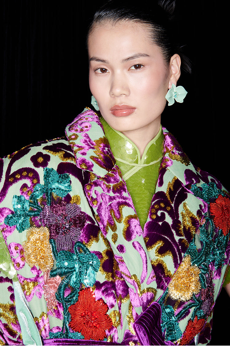 M essential Mackay luxury multi-color embroidered gilet vest top sequin green skirt - twelve