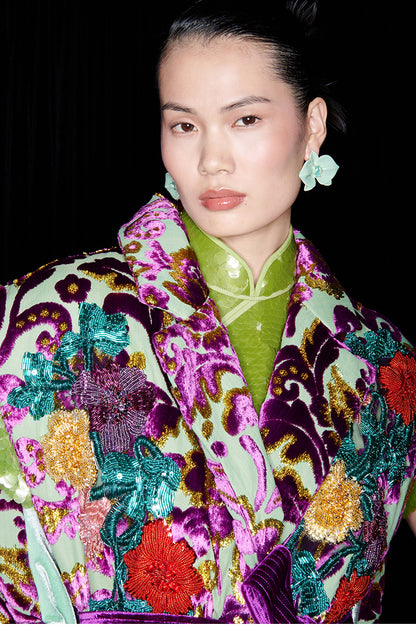 M essential Mackay luxury multi-color embroidered gilet vest top sequin green skirt - twelve