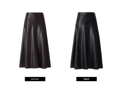 WANGXO | Luxurious Glossy Protein Leather Sheepskin A-Swing Skirt-ZARA.