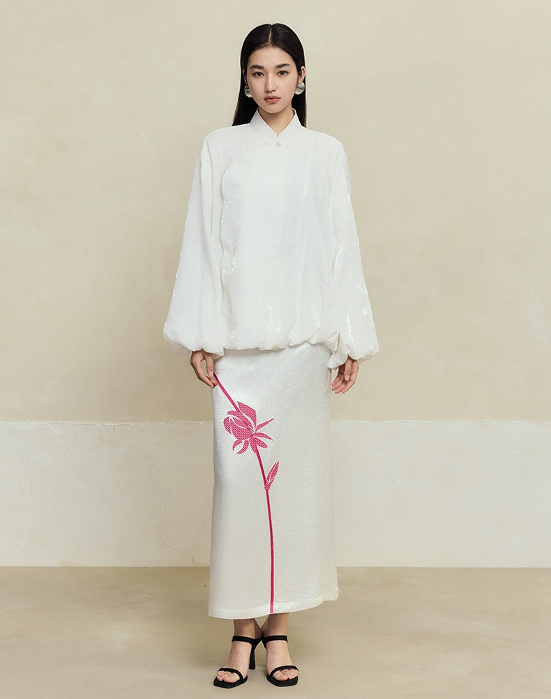 HECO 100% acetate rose embroidery texture black white skirt women - lifted.