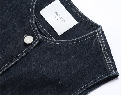 WANGXO | Denim with High-Quality Cotton Blend Waist Contrast Line Denim Vest & Skirt Set -ZIVA