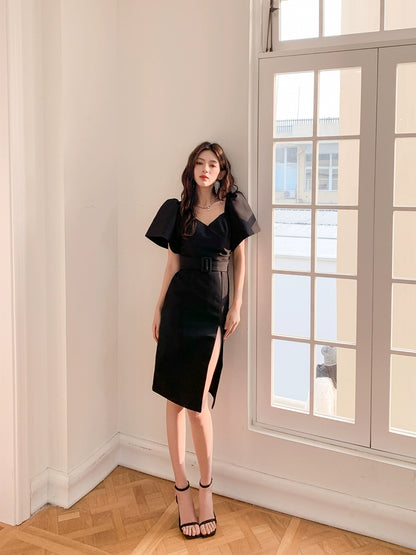 DOLLY Luxury Black Retro V-Neck Short Puff Sleeve Midi Luncheon Dress-SUSU