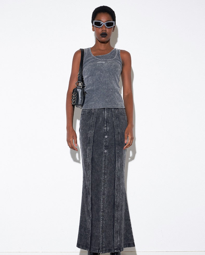 ANNAKIK autumn niche designer gray black two-piece denim skirt-NAYUTA