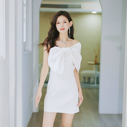 DOLLY Elegant Big Bow One Shoulder Short Sleeve High waist Short Dinner Dress-NIKITA