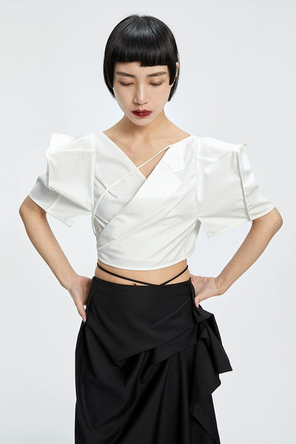 Tiny in three-dimensional square sleeve cross collar tie irregular shirt top women's short -CAM