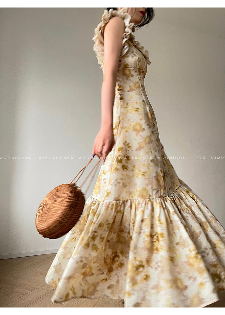 Aconiconi Elegant U-Neck pleated Short Sleeve Tea Dinner Date Dress- Ginger Flower Summer