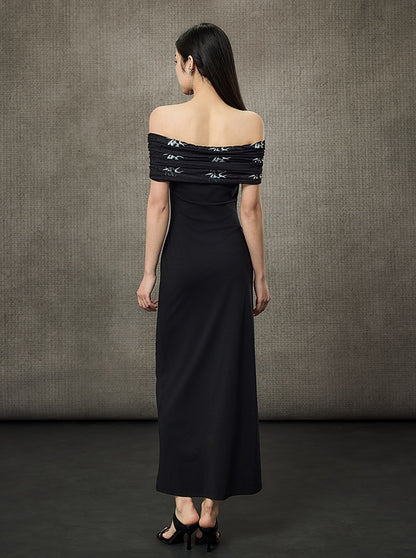 HECO Pleated One-Shoulder Bardot Temperament Midi Dress  - BELIEVE.