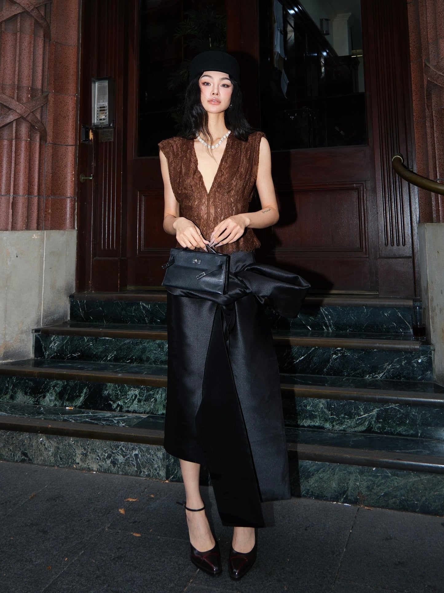 MEI SANGUAN Chocolate Padded-Shoulder Lace Camisole - ALEXANDER