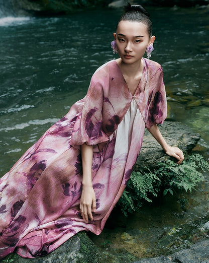 HECO Chinese Silk V-neck Dress Summer Elegant Floral Slim Long dress - GINE .