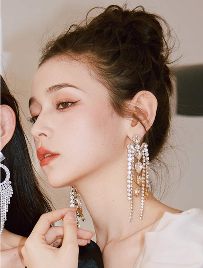 DOLLY Elegant Diamond Tassel Gold Earrings-JUANA