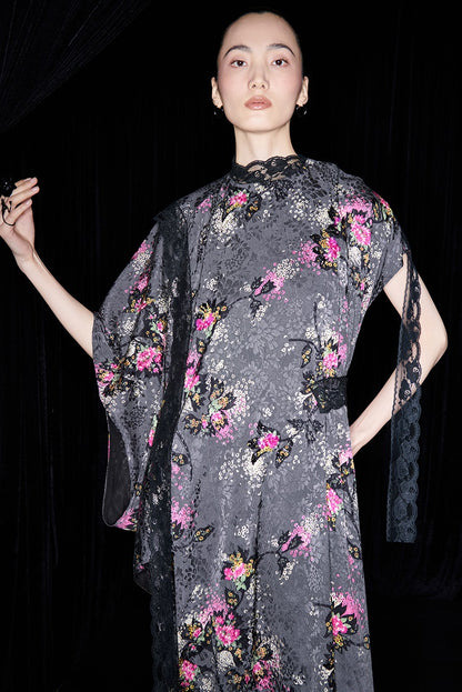 M essential Mackay designer cherry blossom print beaded asymmetrical dress - WORDS.