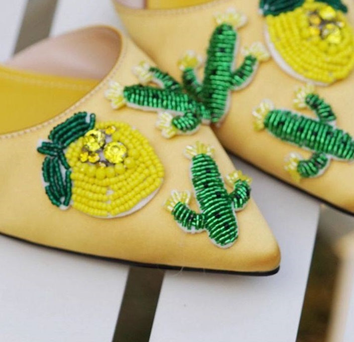 B-FEI Yellow Pointed Toe Embossed Flat Women's Sandals-VILIA.