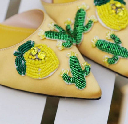 B-FEI Yellow Pointed Toe Embossed Flat Women's Sandals-VILIA.