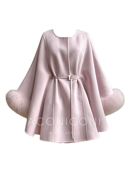 Aconiconi Winter pink wool cape fox fur sleeve double-sided coat-Sakura