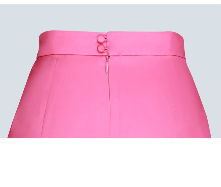 MagicQ pink rose embroidery pinched pleat shirt gradient print beaded ruffle skirt  - Lli