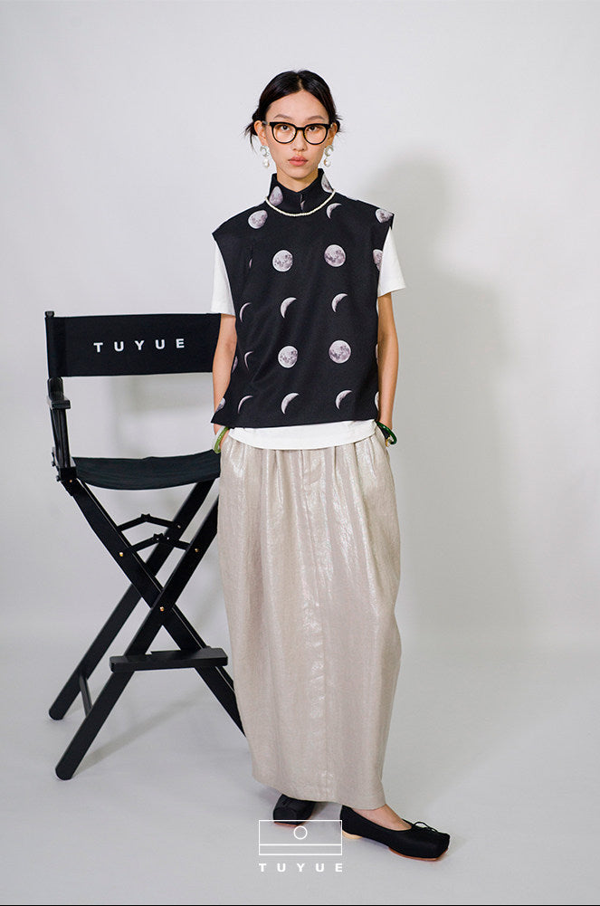 TUYUE moon print elegant stand-up collar silhouette vest- DONAVAN.