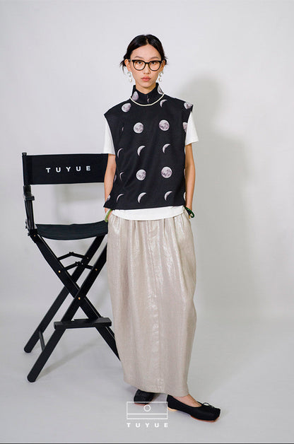TUYUE moon print elegant stand-up collar silhouette vest- DONAVAN.